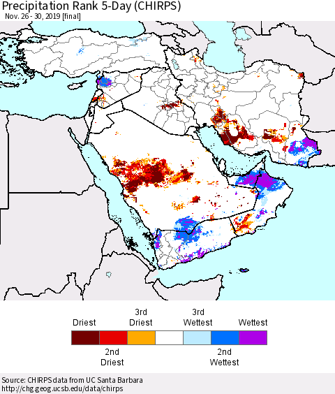 Middle East and Turkey Precipitation Rank since 1981, 5-Day (CHIRPS) Thematic Map For 11/26/2019 - 11/30/2019