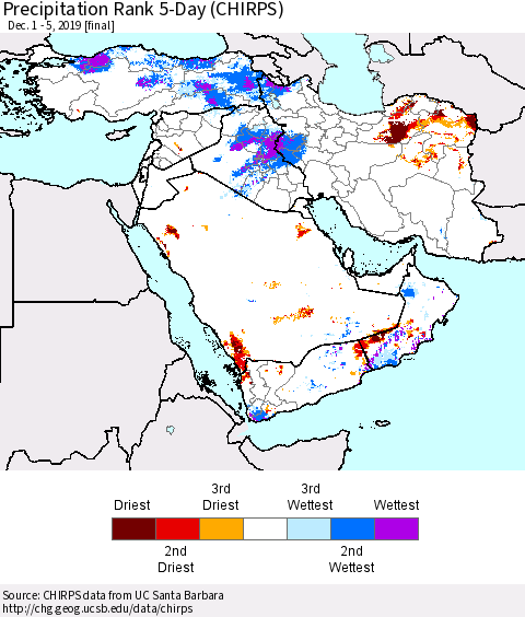 Middle East and Turkey Precipitation Rank since 1981, 5-Day (CHIRPS) Thematic Map For 12/1/2019 - 12/5/2019