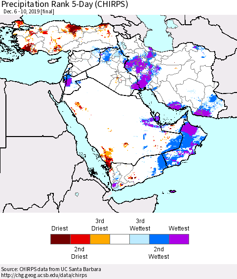 Middle East and Turkey Precipitation Rank since 1981, 5-Day (CHIRPS) Thematic Map For 12/6/2019 - 12/10/2019