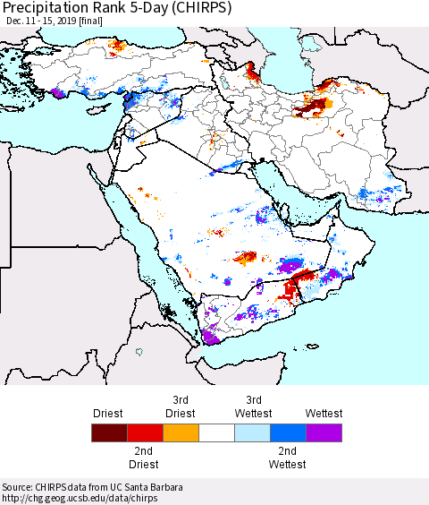 Middle East and Turkey Precipitation Rank since 1981, 5-Day (CHIRPS) Thematic Map For 12/11/2019 - 12/15/2019