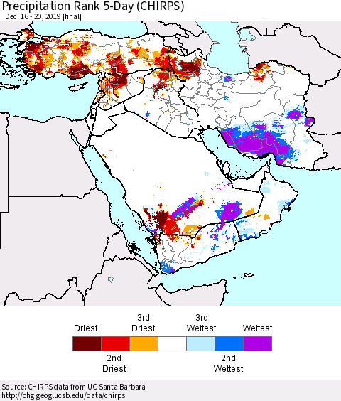 Middle East and Turkey Precipitation Rank since 1981, 5-Day (CHIRPS) Thematic Map For 12/16/2019 - 12/20/2019