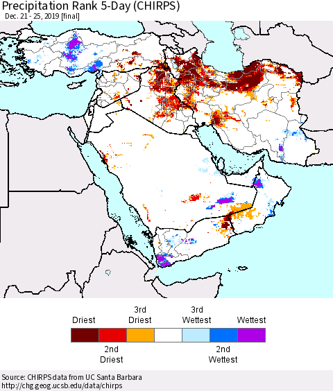 Middle East and Turkey Precipitation Rank since 1981, 5-Day (CHIRPS) Thematic Map For 12/21/2019 - 12/25/2019