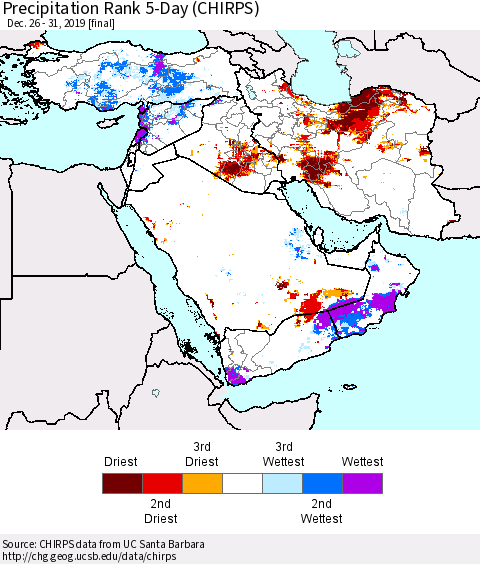 Middle East and Turkey Precipitation Rank since 1981, 5-Day (CHIRPS) Thematic Map For 12/26/2019 - 12/31/2019