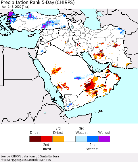 Middle East and Turkey Precipitation Rank since 1981, 5-Day (CHIRPS) Thematic Map For 4/1/2020 - 4/5/2020
