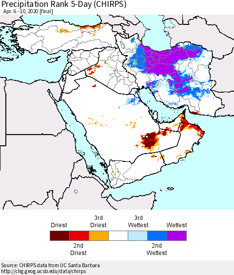 Middle East and Turkey Precipitation Rank since 1981, 5-Day (CHIRPS) Thematic Map For 4/6/2020 - 4/10/2020