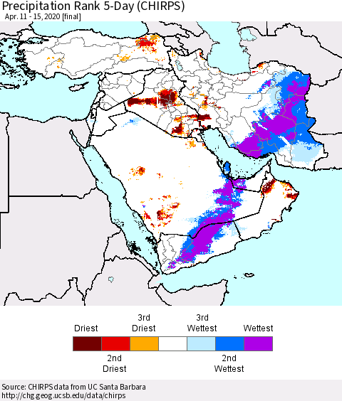 Middle East and Turkey Precipitation Rank since 1981, 5-Day (CHIRPS) Thematic Map For 4/11/2020 - 4/15/2020