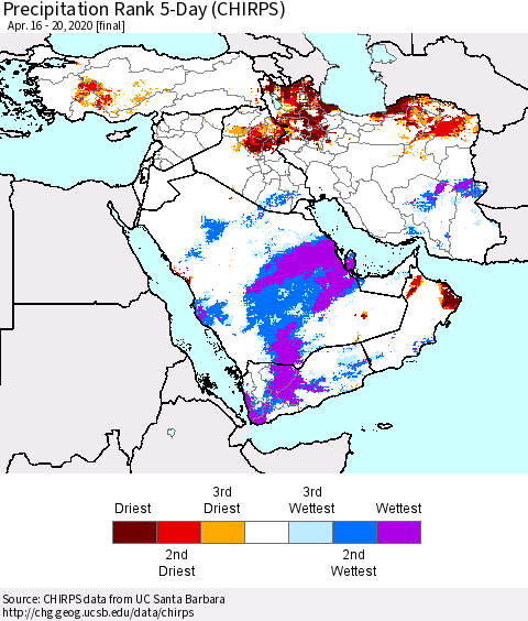 Middle East and Turkey Precipitation Rank since 1981, 5-Day (CHIRPS) Thematic Map For 4/16/2020 - 4/20/2020