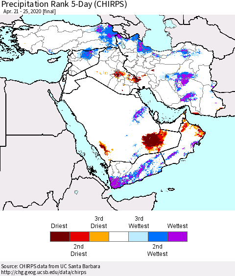 Middle East and Turkey Precipitation Rank since 1981, 5-Day (CHIRPS) Thematic Map For 4/21/2020 - 4/25/2020
