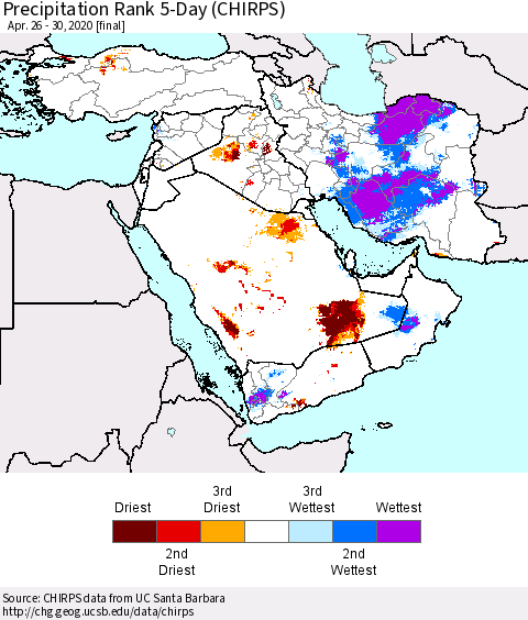 Middle East and Turkey Precipitation Rank since 1981, 5-Day (CHIRPS) Thematic Map For 4/26/2020 - 4/30/2020