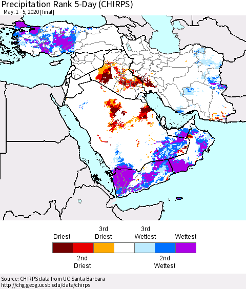 Middle East and Turkey Precipitation Rank since 1981, 5-Day (CHIRPS) Thematic Map For 5/1/2020 - 5/5/2020