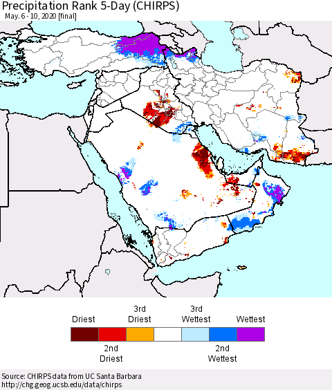 Middle East and Turkey Precipitation Rank since 1981, 5-Day (CHIRPS) Thematic Map For 5/6/2020 - 5/10/2020