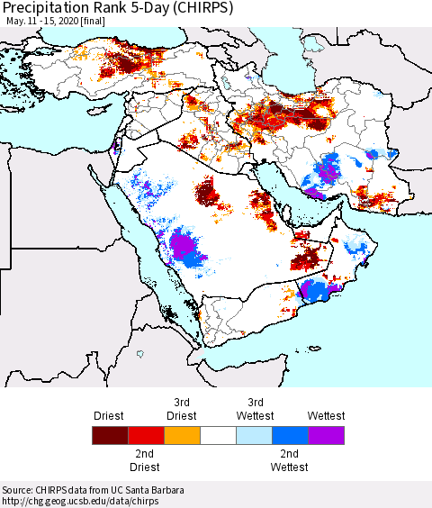 Middle East and Turkey Precipitation Rank since 1981, 5-Day (CHIRPS) Thematic Map For 5/11/2020 - 5/15/2020