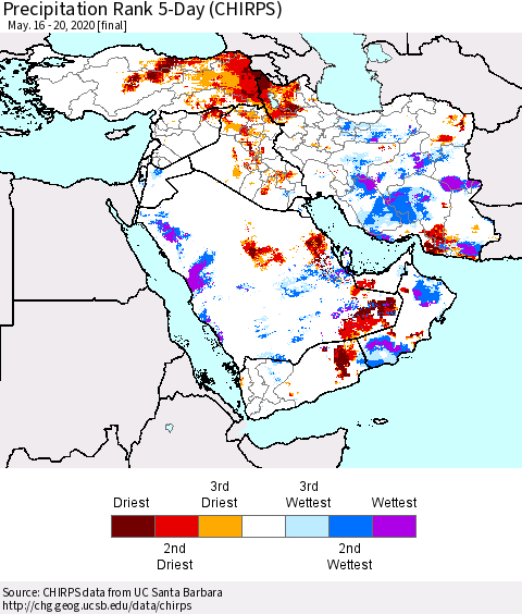 Middle East and Turkey Precipitation Rank since 1981, 5-Day (CHIRPS) Thematic Map For 5/16/2020 - 5/20/2020