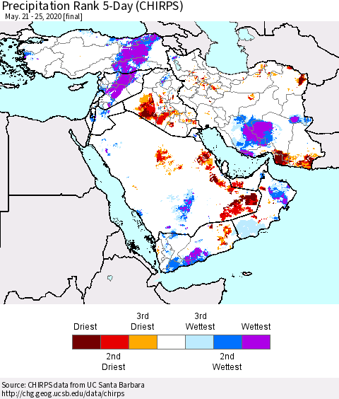 Middle East and Turkey Precipitation Rank since 1981, 5-Day (CHIRPS) Thematic Map For 5/21/2020 - 5/25/2020