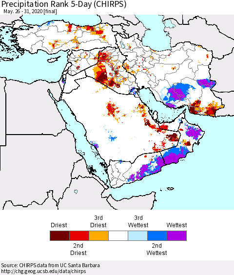 Middle East and Turkey Precipitation Rank since 1981, 5-Day (CHIRPS) Thematic Map For 5/26/2020 - 5/31/2020