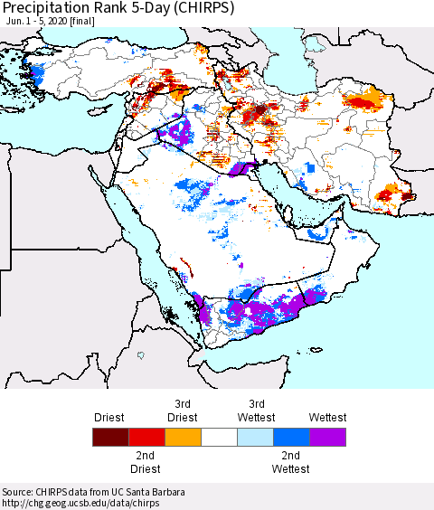 Middle East and Turkey Precipitation Rank since 1981, 5-Day (CHIRPS) Thematic Map For 6/1/2020 - 6/5/2020