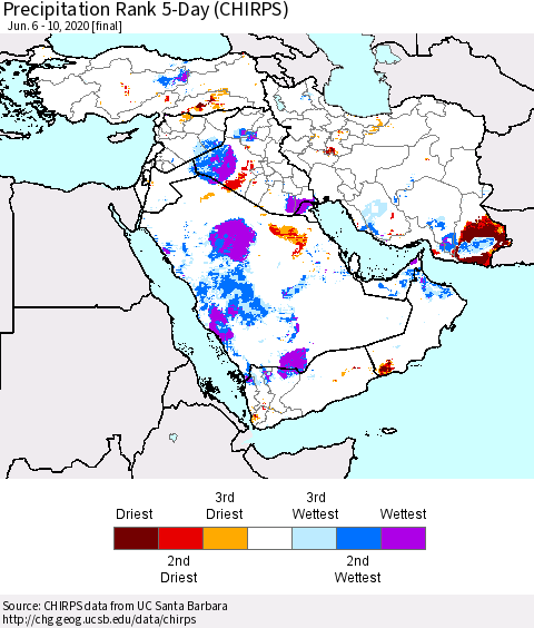 Middle East and Turkey Precipitation Rank since 1981, 5-Day (CHIRPS) Thematic Map For 6/6/2020 - 6/10/2020