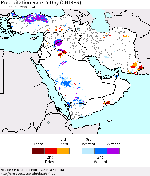 Middle East and Turkey Precipitation Rank since 1981, 5-Day (CHIRPS) Thematic Map For 6/11/2020 - 6/15/2020