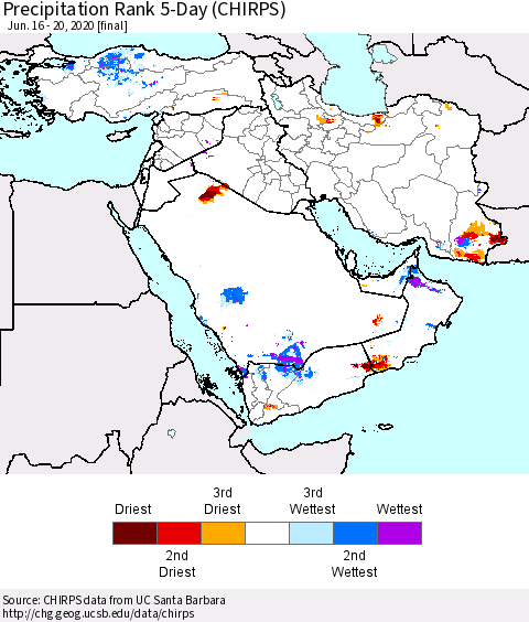 Middle East and Turkey Precipitation Rank since 1981, 5-Day (CHIRPS) Thematic Map For 6/16/2020 - 6/20/2020