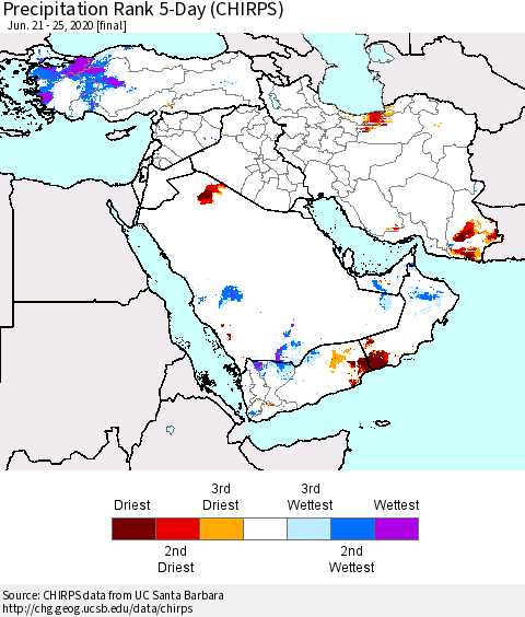 Middle East and Turkey Precipitation Rank since 1981, 5-Day (CHIRPS) Thematic Map For 6/21/2020 - 6/25/2020