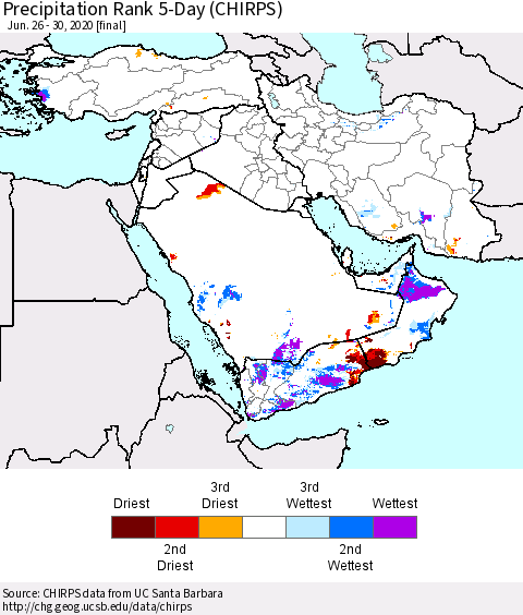 Middle East and Turkey Precipitation Rank since 1981, 5-Day (CHIRPS) Thematic Map For 6/26/2020 - 6/30/2020