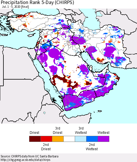 Middle East and Turkey Precipitation Rank since 1981, 5-Day (CHIRPS) Thematic Map For 7/1/2020 - 7/5/2020