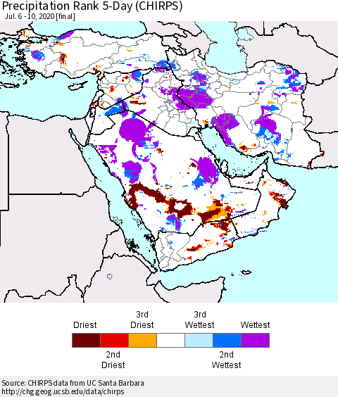 Middle East and Turkey Precipitation Rank since 1981, 5-Day (CHIRPS) Thematic Map For 7/6/2020 - 7/10/2020