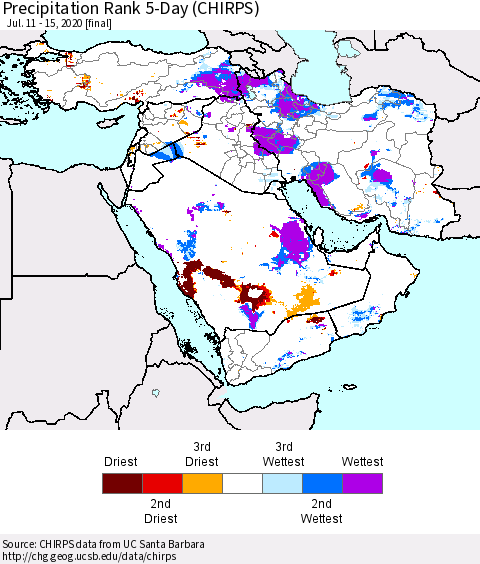 Middle East and Turkey Precipitation Rank since 1981, 5-Day (CHIRPS) Thematic Map For 7/11/2020 - 7/15/2020