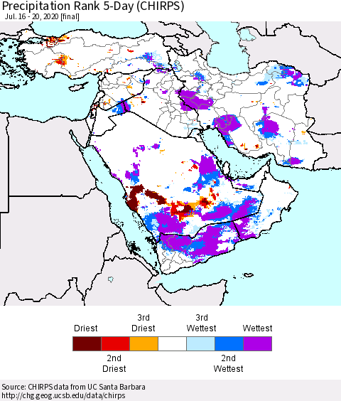 Middle East and Turkey Precipitation Rank since 1981, 5-Day (CHIRPS) Thematic Map For 7/16/2020 - 7/20/2020