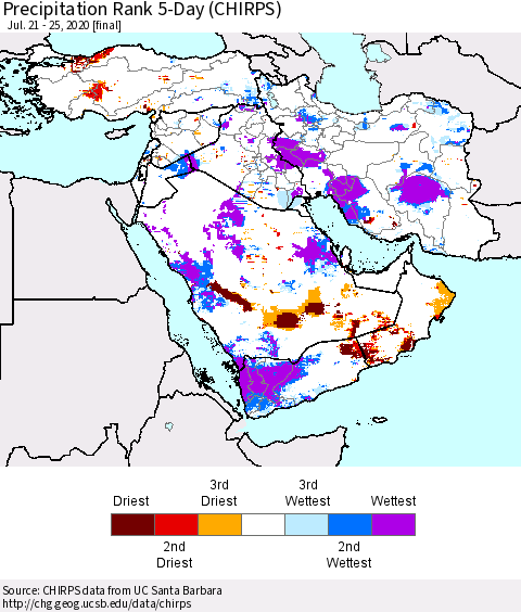 Middle East and Turkey Precipitation Rank since 1981, 5-Day (CHIRPS) Thematic Map For 7/21/2020 - 7/25/2020