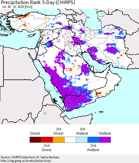 Middle East and Turkey Precipitation Rank since 1981, 5-Day (CHIRPS) Thematic Map For 7/26/2020 - 7/31/2020
