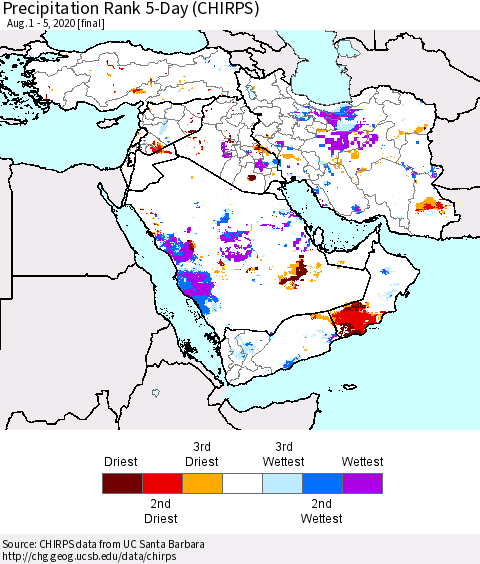 Middle East and Turkey Precipitation Rank since 1981, 5-Day (CHIRPS) Thematic Map For 8/1/2020 - 8/5/2020
