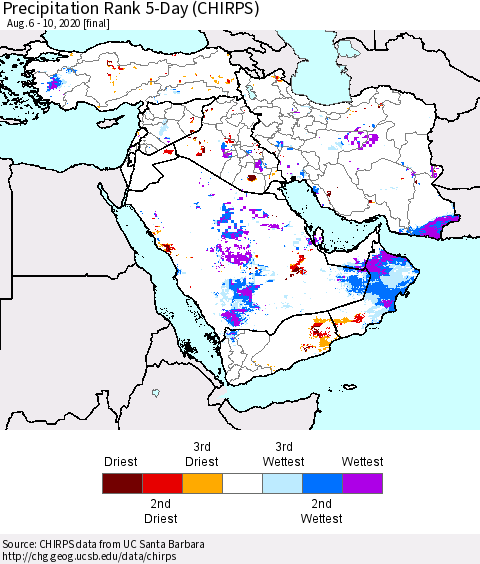 Middle East and Turkey Precipitation Rank since 1981, 5-Day (CHIRPS) Thematic Map For 8/6/2020 - 8/10/2020