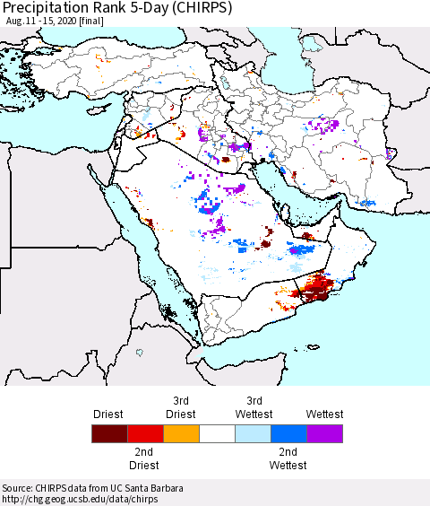 Middle East and Turkey Precipitation Rank since 1981, 5-Day (CHIRPS) Thematic Map For 8/11/2020 - 8/15/2020