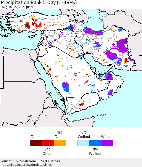 Middle East and Turkey Precipitation Rank since 1981, 5-Day (CHIRPS) Thematic Map For 8/16/2020 - 8/20/2020