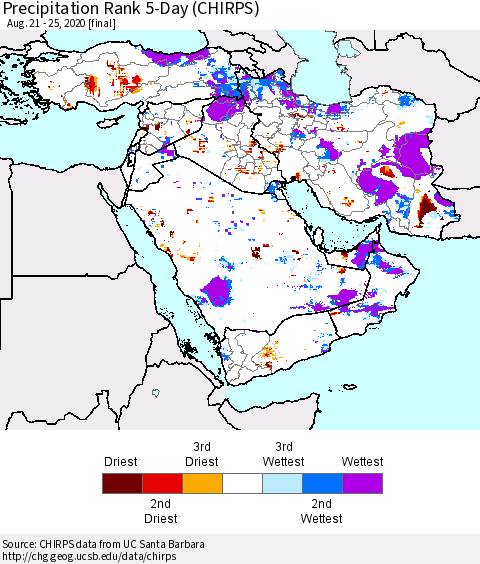 Middle East and Turkey Precipitation Rank since 1981, 5-Day (CHIRPS) Thematic Map For 8/21/2020 - 8/25/2020