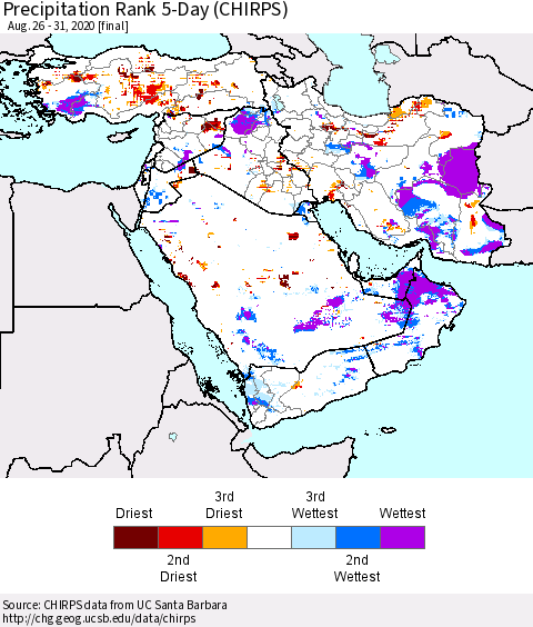 Middle East and Turkey Precipitation Rank since 1981, 5-Day (CHIRPS) Thematic Map For 8/26/2020 - 8/31/2020