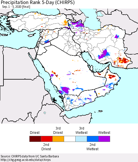 Middle East and Turkey Precipitation Rank since 1981, 5-Day (CHIRPS) Thematic Map For 9/1/2020 - 9/5/2020