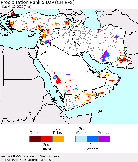 Middle East and Turkey Precipitation Rank since 1981, 5-Day (CHIRPS) Thematic Map For 9/6/2020 - 9/10/2020