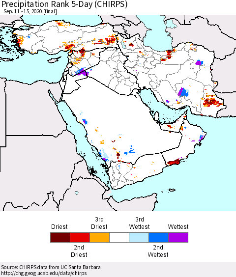 Middle East and Turkey Precipitation Rank since 1981, 5-Day (CHIRPS) Thematic Map For 9/11/2020 - 9/15/2020