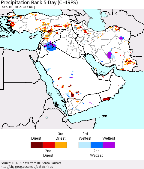 Middle East and Turkey Precipitation Rank since 1981, 5-Day (CHIRPS) Thematic Map For 9/16/2020 - 9/20/2020
