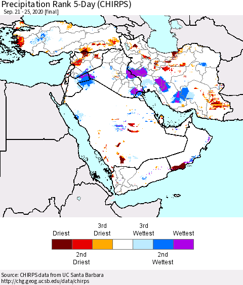 Middle East and Turkey Precipitation Rank since 1981, 5-Day (CHIRPS) Thematic Map For 9/21/2020 - 9/25/2020