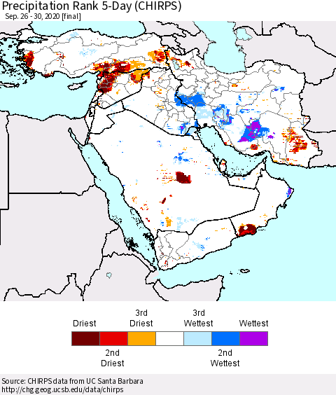 Middle East and Turkey Precipitation Rank since 1981, 5-Day (CHIRPS) Thematic Map For 9/26/2020 - 9/30/2020