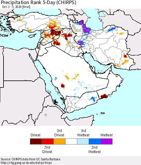 Middle East and Turkey Precipitation Rank since 1981, 5-Day (CHIRPS) Thematic Map For 10/1/2020 - 10/5/2020