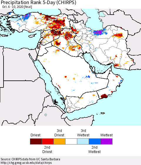 Middle East and Turkey Precipitation Rank since 1981, 5-Day (CHIRPS) Thematic Map For 10/6/2020 - 10/10/2020