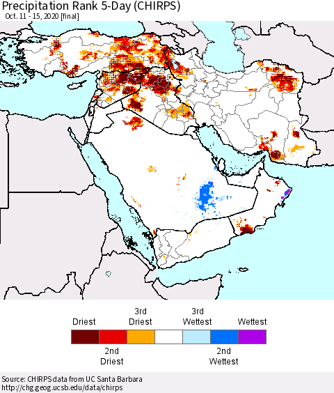 Middle East and Turkey Precipitation Rank since 1981, 5-Day (CHIRPS) Thematic Map For 10/11/2020 - 10/15/2020