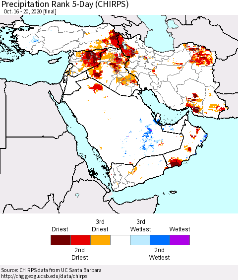 Middle East and Turkey Precipitation Rank since 1981, 5-Day (CHIRPS) Thematic Map For 10/16/2020 - 10/20/2020