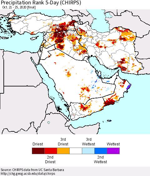 Middle East and Turkey Precipitation Rank since 1981, 5-Day (CHIRPS) Thematic Map For 10/21/2020 - 10/25/2020