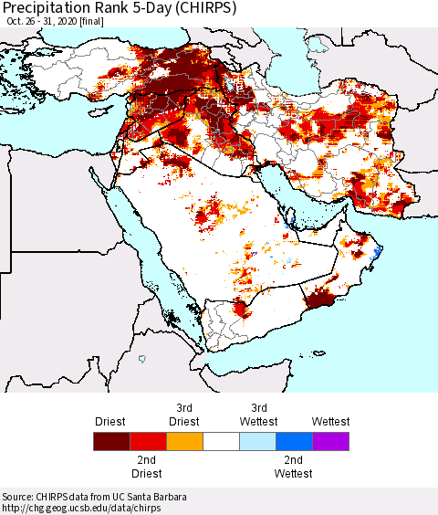 Middle East and Turkey Precipitation Rank since 1981, 5-Day (CHIRPS) Thematic Map For 10/26/2020 - 10/31/2020