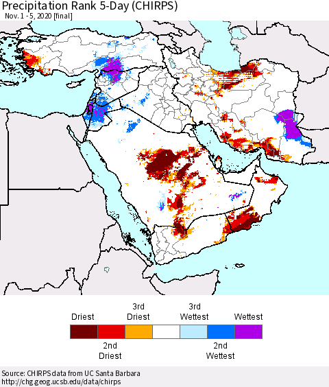 Middle East and Turkey Precipitation Rank since 1981, 5-Day (CHIRPS) Thematic Map For 11/1/2020 - 11/5/2020